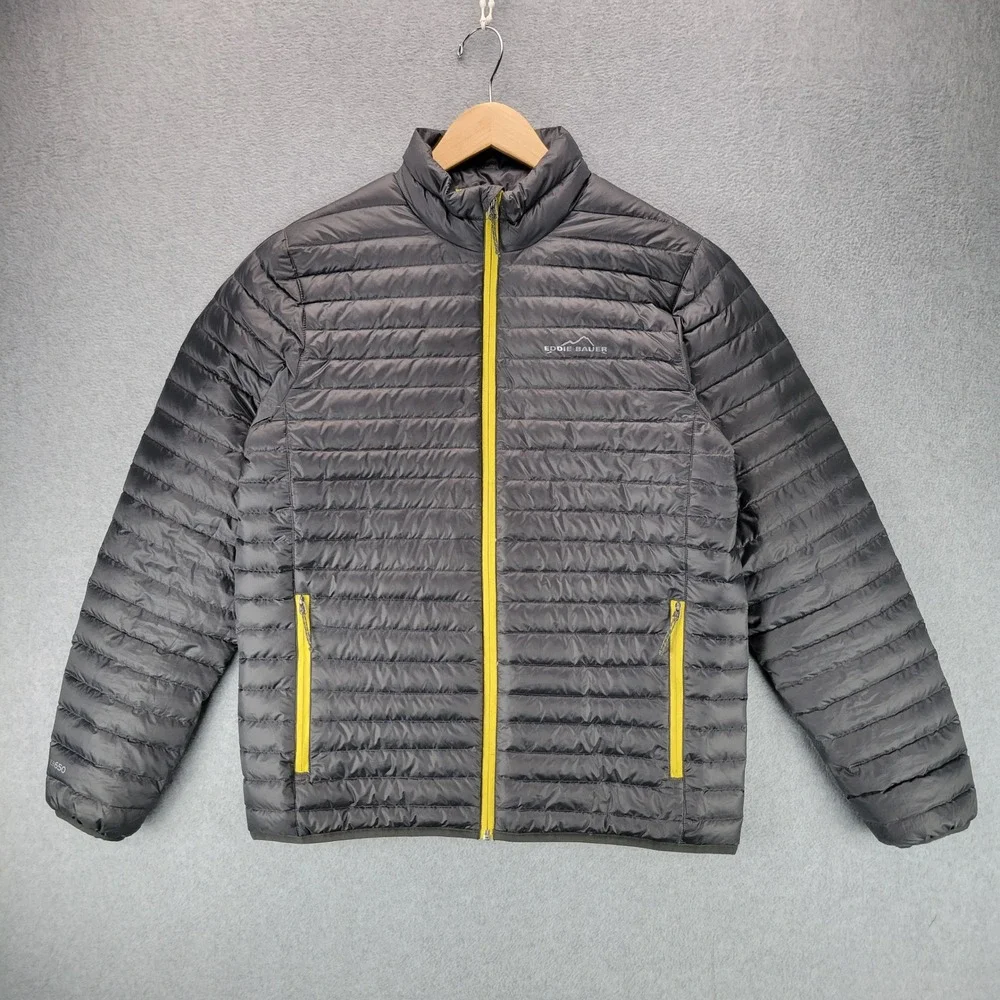 Eddie Bauer EB650 Down Puffer‎ Jacket Mens Medium Gray Yellow Full Zip Quilted